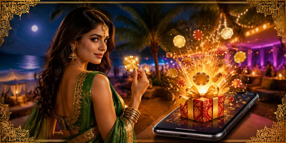User holding smartphone enjoying casino promotions at a beachside location in Goa